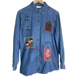 Vintage Victoria Jones Women’s Christmas Embroidered Denim Button Shirt